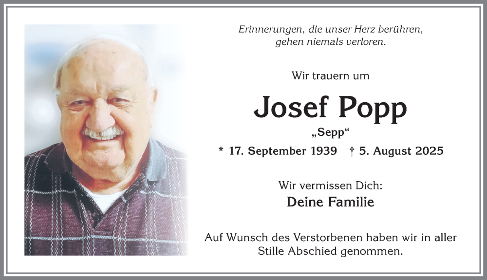  Traueranzeige für Josef Popp vom 30.08.2025 aus Allgäuer Anzeigeblatt