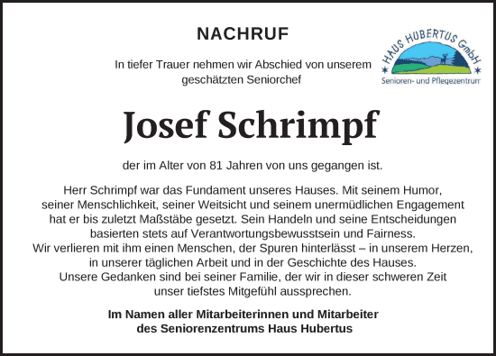 Traueranzeige von Josef Schrimpf von Der Westallgäuer