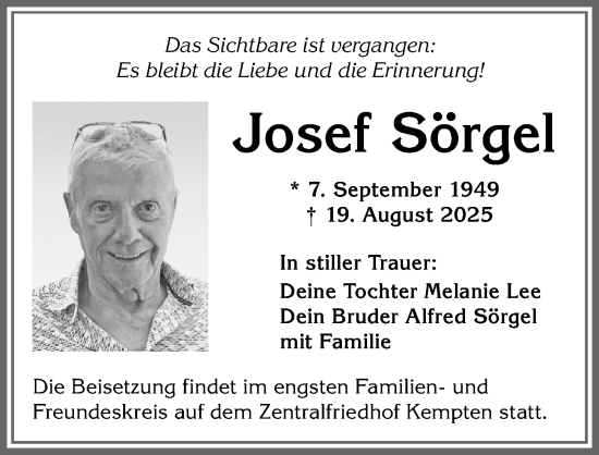 Traueranzeige von Josef Sörgel von Allgäuer Zeitung,Kempten