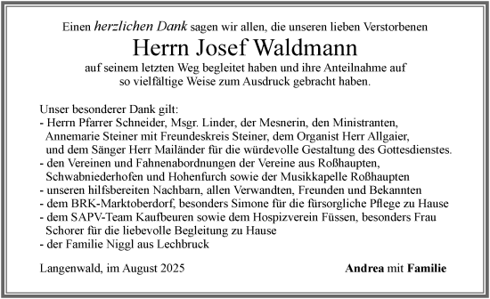 Traueranzeige von Josef Waldmann von Allgäuer Zeitung, Füssen