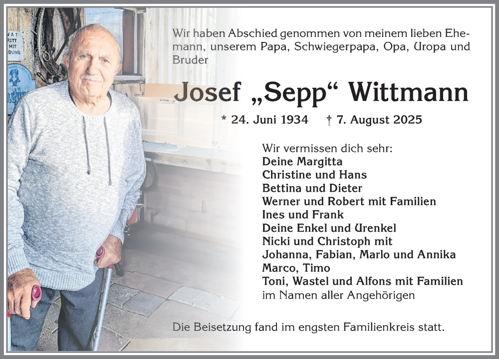  Traueranzeige für Josef Wittmann vom 23.08.2025 aus Allgäuer Zeitung,Kempten