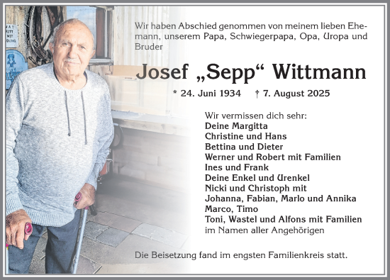 Traueranzeige von Josef Wittmann von Allgäuer Zeitung,Kempten