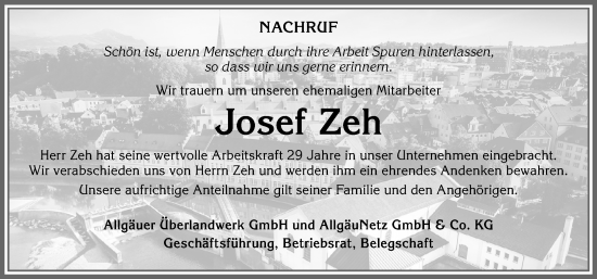 Traueranzeige von Josef Zeh von Allgäuer Zeitung,Kempten