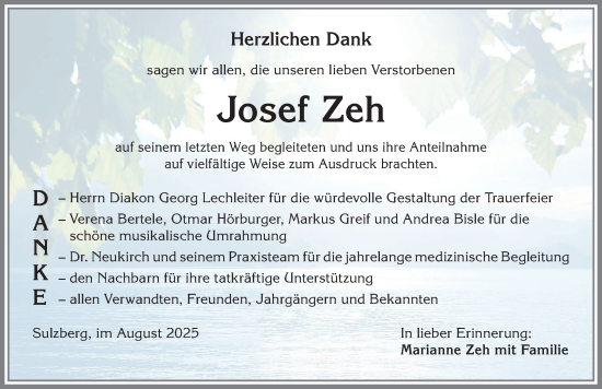 Traueranzeige von Josef Zeh von Allgäuer Zeitung,Kempten