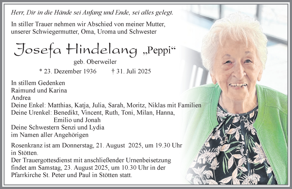  Traueranzeige für Josefa Hindelang vom 16.08.2025 aus Allgäuer Zeitung, Marktoberdorf