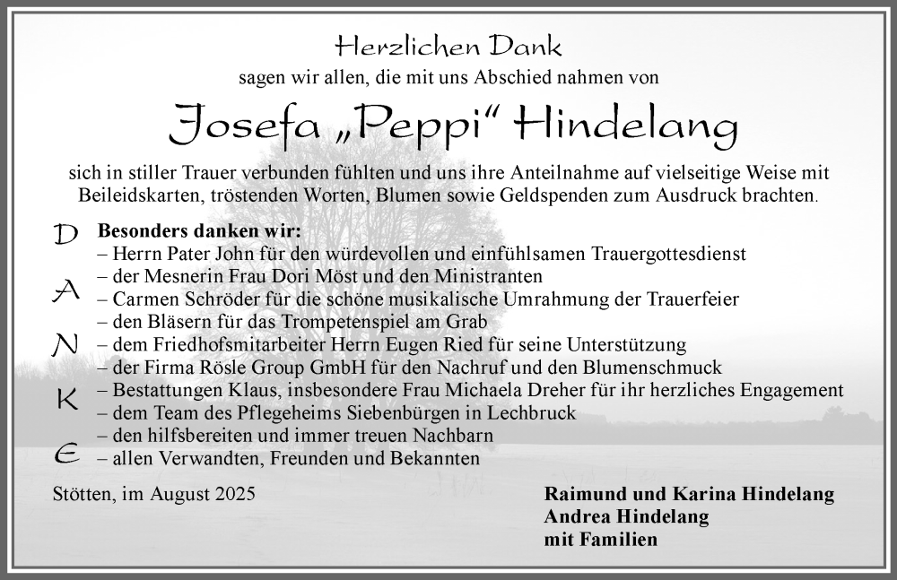  Traueranzeige für Josefa Hindelang vom 30.08.2025 aus Allgäuer Zeitung, Marktoberdorf