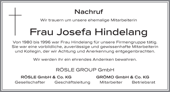 Traueranzeige von Josefa Hindelang von Allgäuer Zeitung, Marktoberdorf