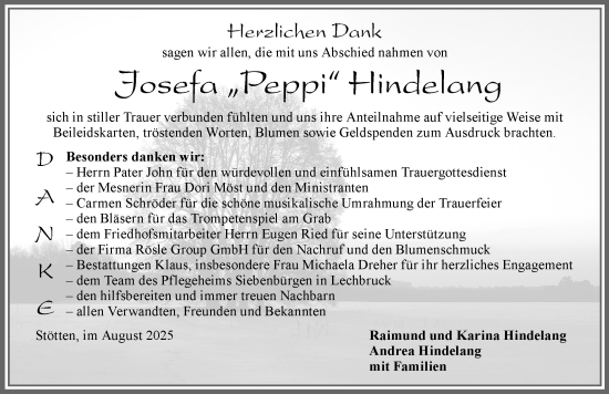 Traueranzeige von Josefa Hindelang von Allgäuer Zeitung, Marktoberdorf