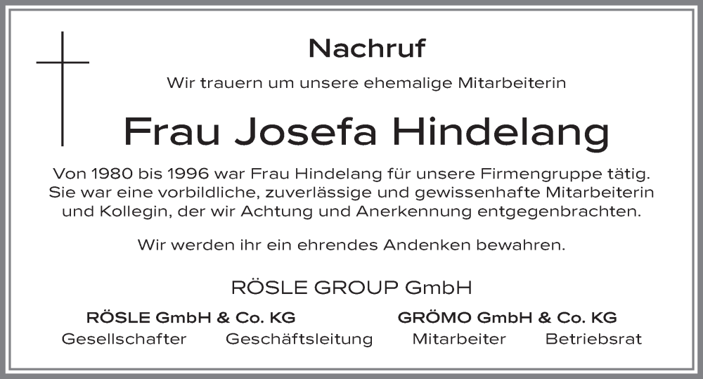  Traueranzeige für Josefa Hindelang vom 20.08.2025 aus Allgäuer Zeitung, Marktoberdorf