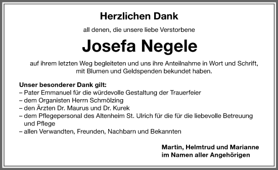 Traueranzeige von Josefa Negele von Memminger Zeitung