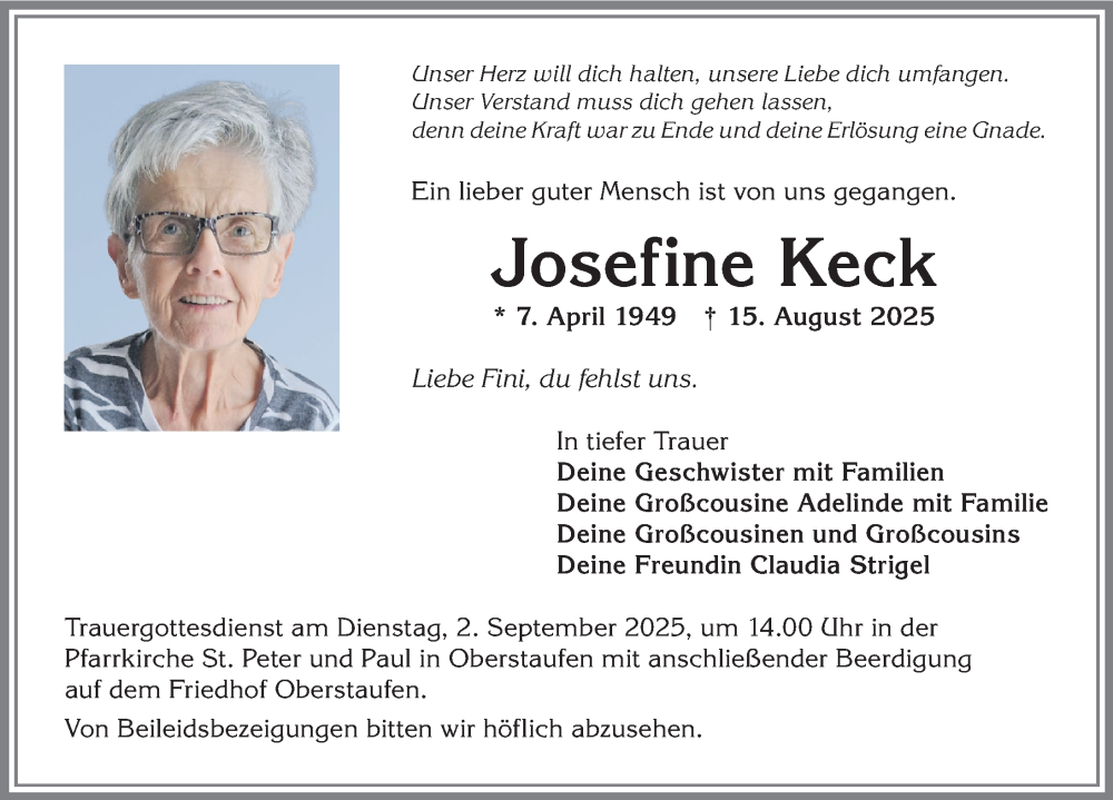  Traueranzeige für Josefine Keck vom 27.08.2025 aus Allgäuer Anzeigeblatt