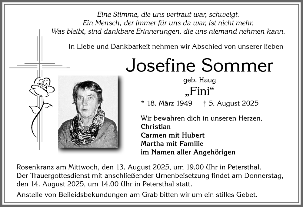  Traueranzeige für Josefine Sommer vom 09.08.2025 aus Allgäuer Zeitung,Kempten