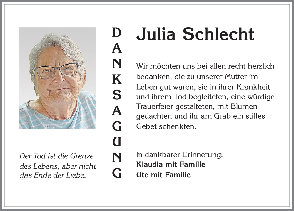  Traueranzeige für Julia Schlecht vom 23.08.2025 aus Allgäuer Zeitung,Kempten