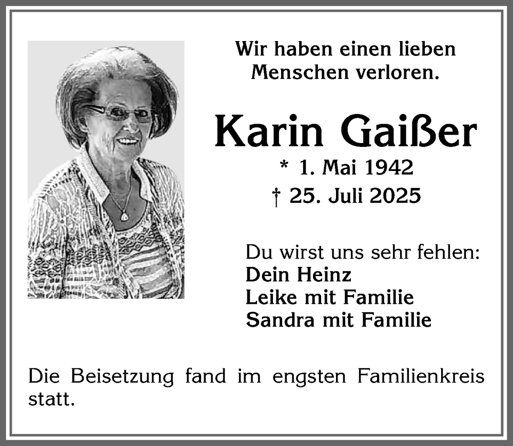  Traueranzeige für Karin Gaißer vom 16.08.2025 aus Allgäuer Zeitung,Kempten