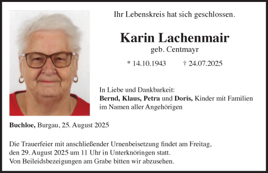 Traueranzeige von Karin Lachenmair von Allgäuer Zeitung, Kaufbeuren/Buchloe