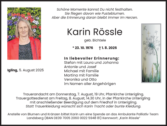 Traueranzeige von Karin Rössle von Landsberger Tagblatt, Augsburger Allgemeine