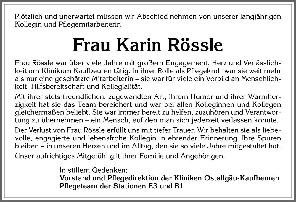  Traueranzeige für Karin Rössle vom 09.08.2025 aus Allgäuer Zeitung, Kaufbeuren/Buchloe