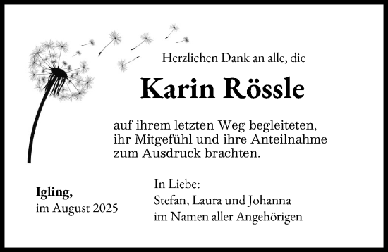 Traueranzeige von Karin Rössle von Landsberger Tagblatt, Augsburger Allgemeine