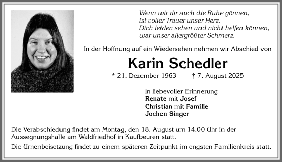 Traueranzeige von Karin Schedler von Allgäuer Zeitung, Kaufbeuren/Buchloe