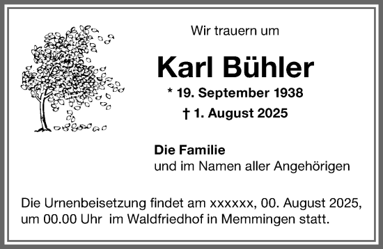Traueranzeige von Karl Bühler von Memminger Zeitung