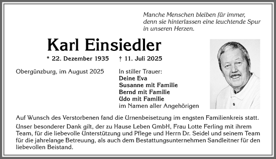 Traueranzeige von Karl Einsiedler von Allgäuer Zeitung, Marktoberdorf
