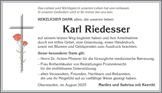 Traueranzeige von Karl Riedesser von Allgäuer Anzeigeblatt