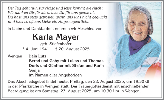Traueranzeige von Karla Mayer von Allgäuer Zeitung,Kempten