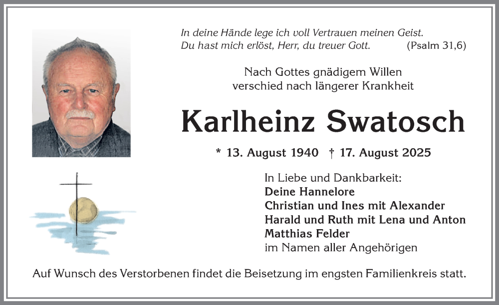  Traueranzeige für Karlheinz Swatosch vom 23.08.2025 aus Allgäuer Anzeigeblatt