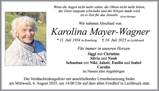 Traueranzeige von Karolina Mayer-Wagner von Allgäuer Zeitung, Füssen
