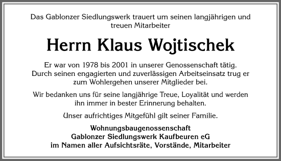 Traueranzeige von Klaus Wojtischek von Allgäuer Zeitung, Kaufbeuren/Buchloe