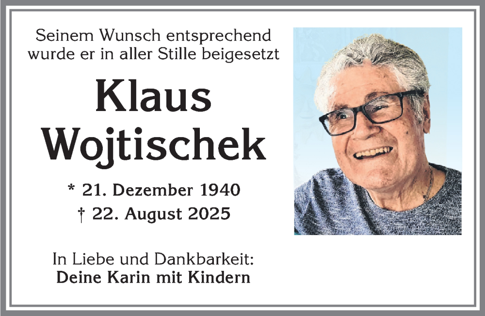  Traueranzeige für Klaus Wojtischek vom 30.08.2025 aus Allgäuer Zeitung, Kaufbeuren/Buchloe