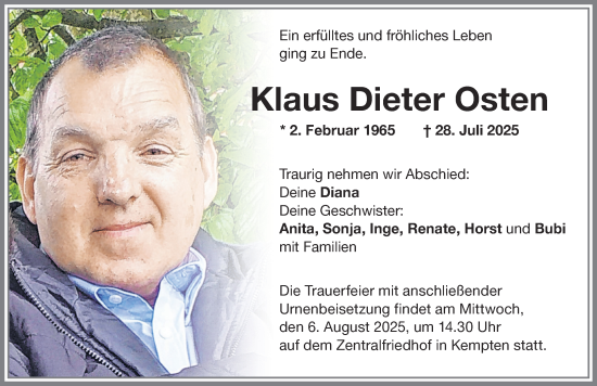 Traueranzeige von Klaus Dieter Osten von Allgäuer Zeitung,Kempten
