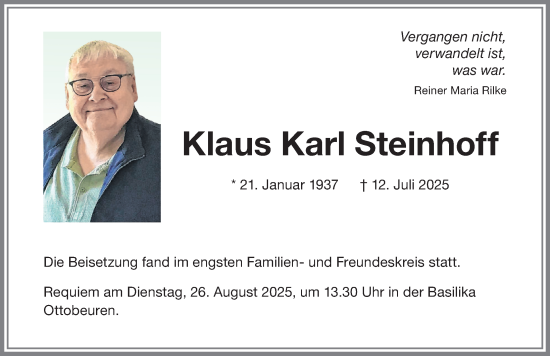 Traueranzeige von Klaus Karl Steinhoff von Memminger Zeitung