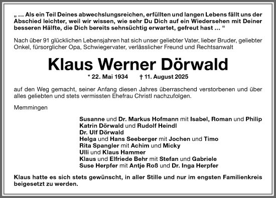 Traueranzeige von Klaus Werner Dörwald von Memminger Zeitung