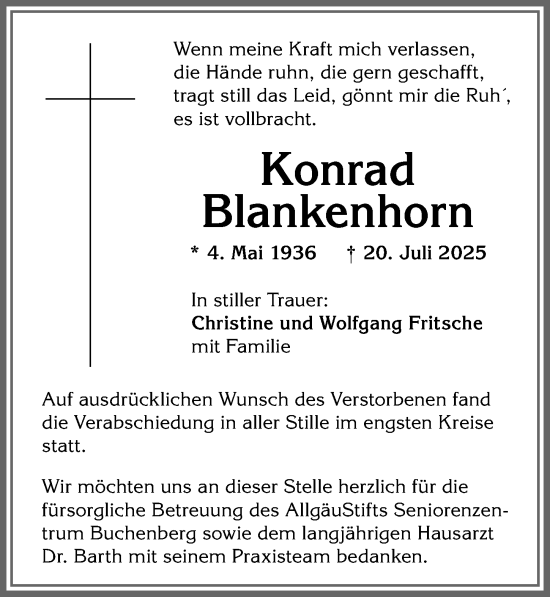 Traueranzeige von Konrad Blankenhorn von Allgäuer Zeitung,Kempten