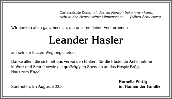 Traueranzeige von Leander Hasler von Allgäuer Anzeigeblatt