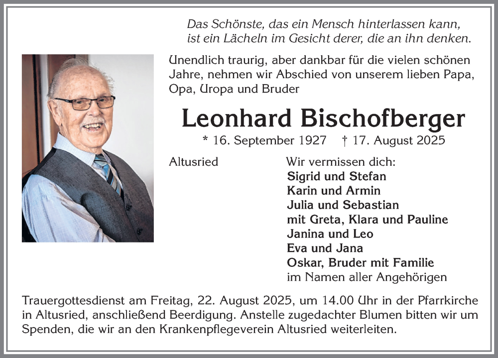  Traueranzeige für Leonhard Bischofberger vom 20.08.2025 aus Allgäuer Zeitung,Kempten