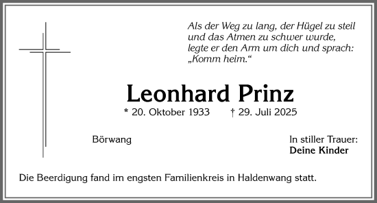 Traueranzeige von Leonhard Prinz von Allgäuer Zeitung,Kempten