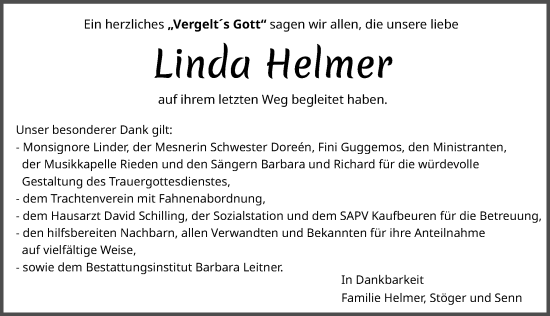 Traueranzeige von Linda Helmer von Allgäuer Zeitung, Füssen