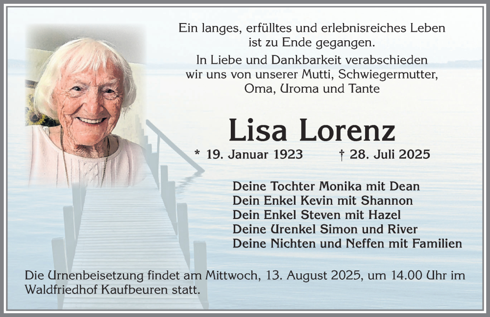  Traueranzeige für Lisa Lorenz vom 09.08.2025 aus Allgäuer Zeitung, Kaufbeuren/Buchloe