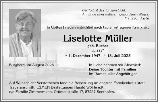 Traueranzeige von Liselotte Müller von Allgäuer Anzeigeblatt