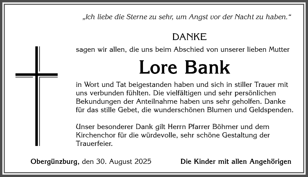  Traueranzeige für Lore Bank vom 30.08.2025 aus Allgäuer Zeitung, Marktoberdorf