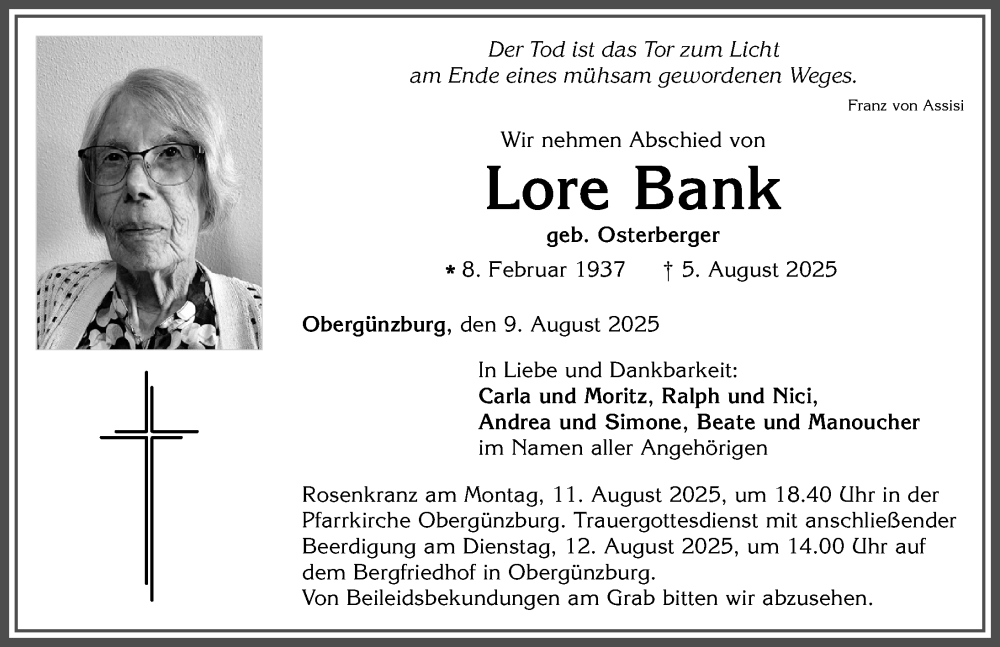  Traueranzeige für Lore Bank vom 09.08.2025 aus Allgäuer Zeitung, Marktoberdorf