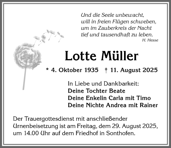 Traueranzeige von Lotte Müller von Allgäuer Anzeigeblatt
