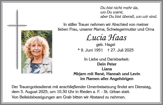 Traueranzeige von Lucia Haas von Allgäuer Zeitung, Füssen