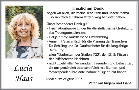 Traueranzeige von Lucia Haas von Allgäuer Zeitung, Füssen