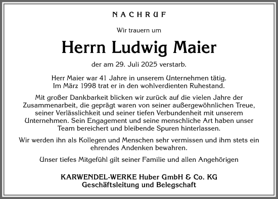 Traueranzeige von Ludwig Maier von Allgäuer Zeitung, Kaufbeuren/Buchloe