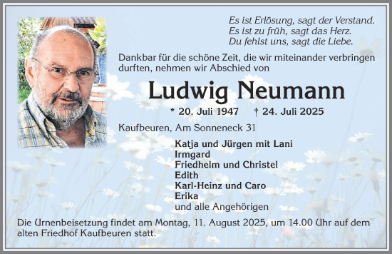Traueranzeige von Ludwig Neumann von Allgäuer Zeitung, Kaufbeuren/Buchloe