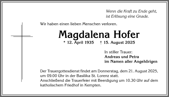 Traueranzeige von Magdalena Hofer von Allgäuer Zeitung,Kempten