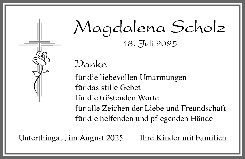  Traueranzeige für Magdalena Scholz vom 25.08.2025 aus Allgäuer Zeitung, Marktoberdorf